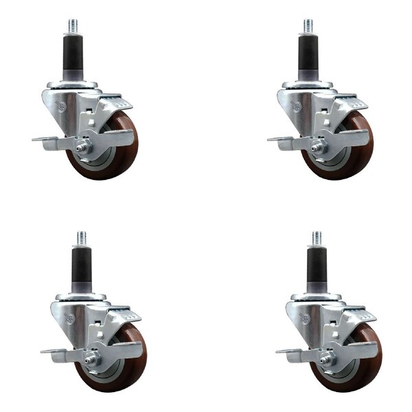 Service Caster 3'' SS Maroon Poly Swivel 1-1/8'' Expanding Stem Caster Set with Brake, 4PK SCC-SSEX20S314-PPUB-MRN-TLB-118-4 - main
